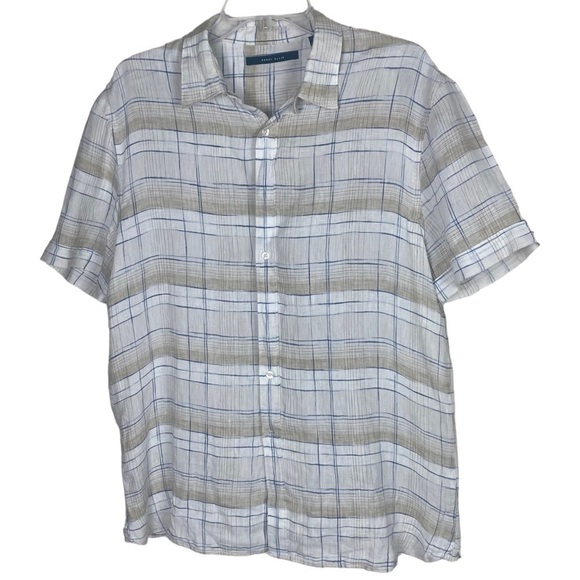 Perry Ellis 100% linen plaid short sleeve shirt size large - Picture 1 of 7